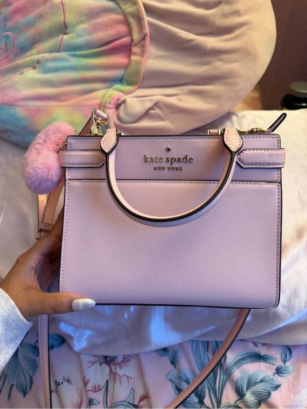 kate spade light pink pebble leather satchel with pom pom charm